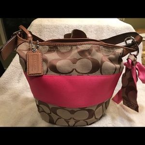 Coach Pink & Tan Bucket Bag With Matching Scarf